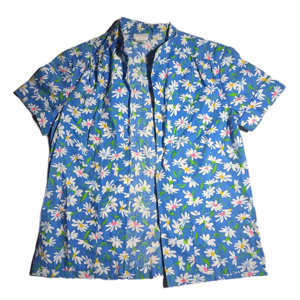 Vtg 1970s Poppy by Lanz Blue White Daisy Floral Open Front Collared Shirt Sz XS